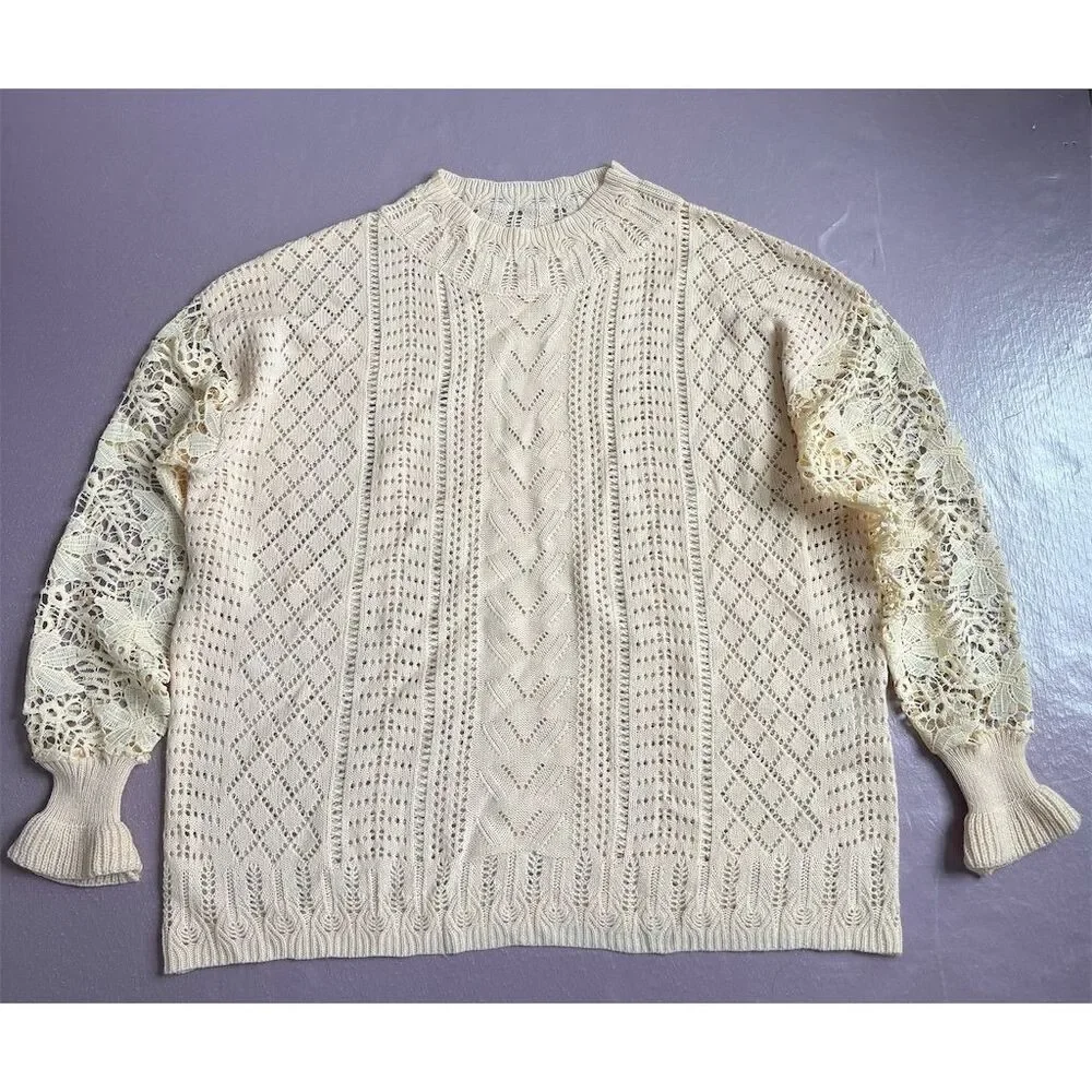 J. Crew‎ Women's 2XL Beige Lace Knit Pullover Sweater Long Sleeve